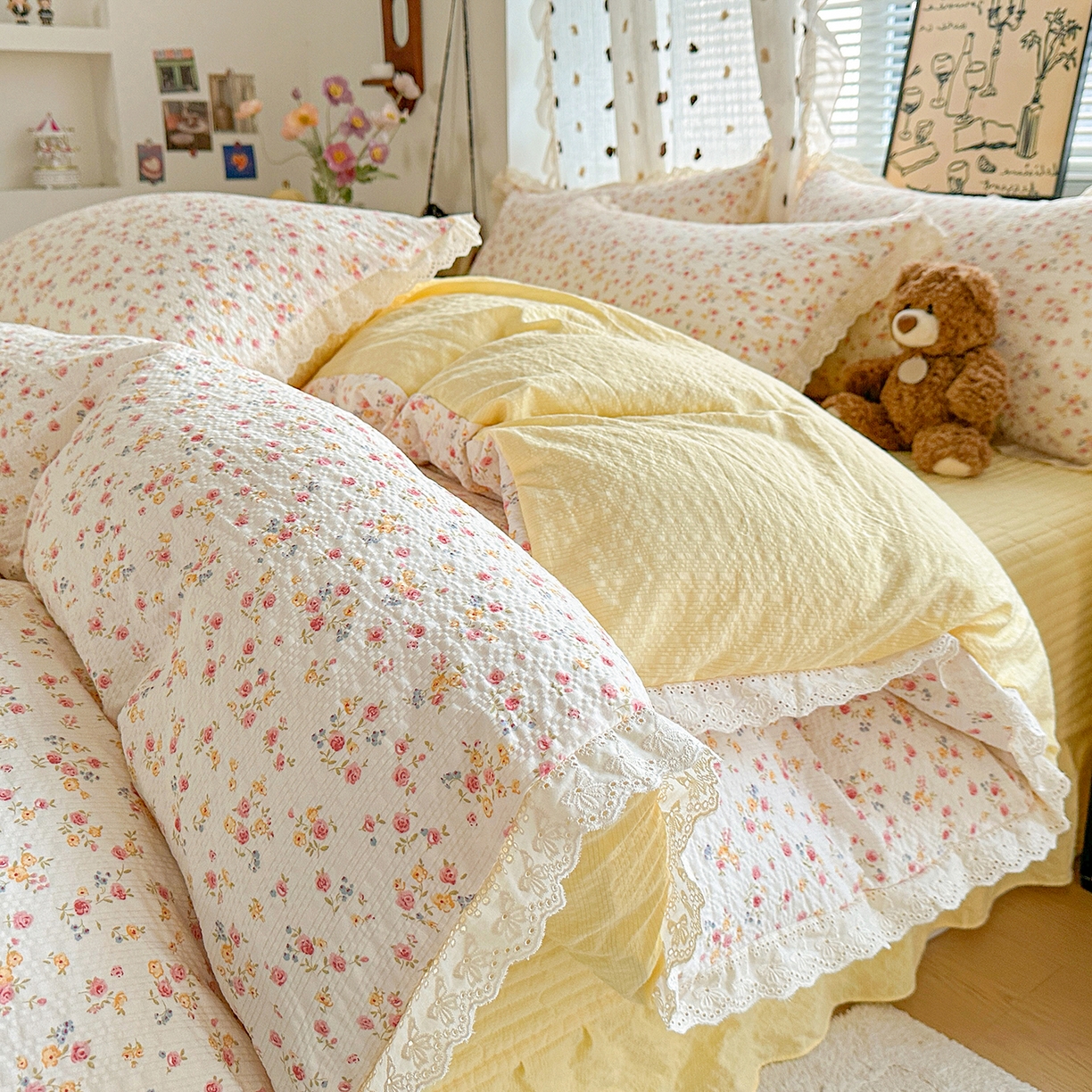 91家纺网 家纺一手货源 找家纺 富米莱（原臻工厂） 2026新款全新花边款泡芙双层纱夏凉被床盖床裙四件套 蕾丝花边-黄油小碎花