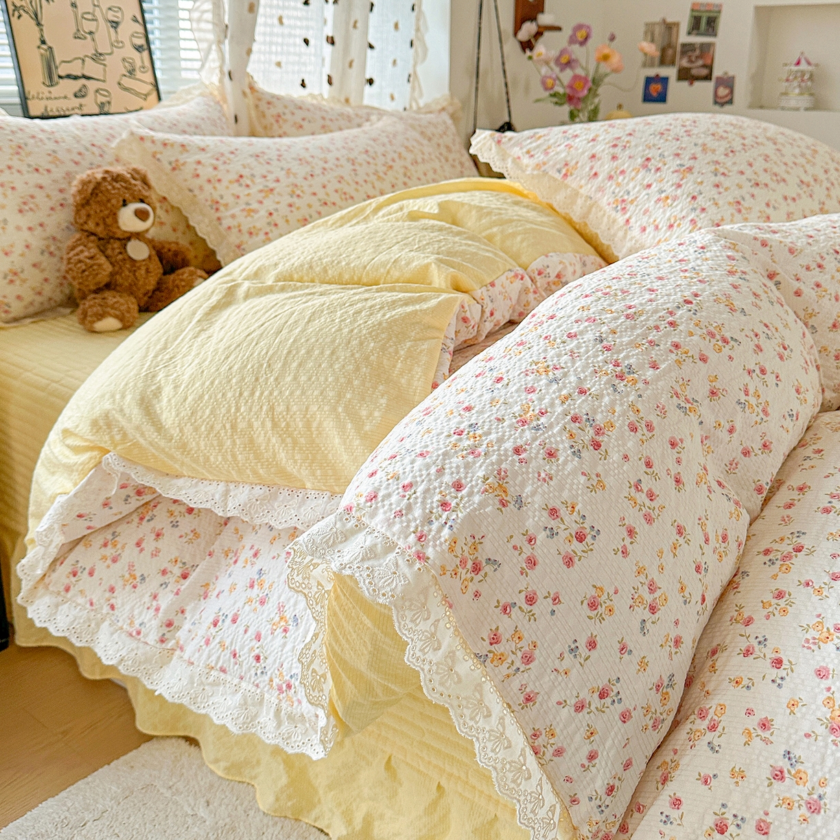 91家纺网 家纺一手货源 找家纺 富米莱（原臻工厂） 2026新款全新花边款泡芙双层纱夏凉被床盖床裙四件套 蕾丝花边-黄油小碎花
