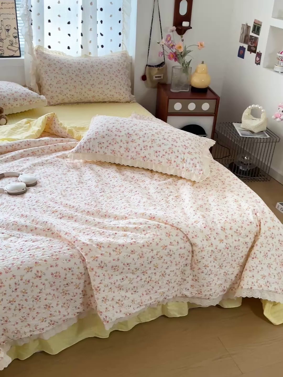 91家纺网 家纺一手货源 找家纺 富米莱（原臻工厂） 2026新款全新花边款泡芙双层纱夏凉被床盖床裙四件套 蕾丝花边-黄油小碎花