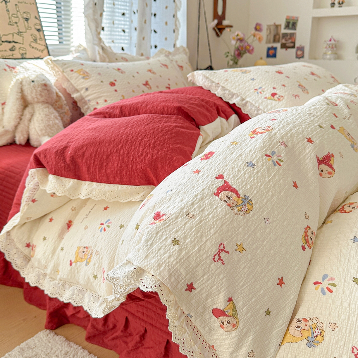 91家纺网 家纺一手货源 找家纺 富米莱（原臻工厂） 2026新款全新花边款泡芙双层纱夏凉被床盖床裙四件套 蕾丝花边-魔法星星