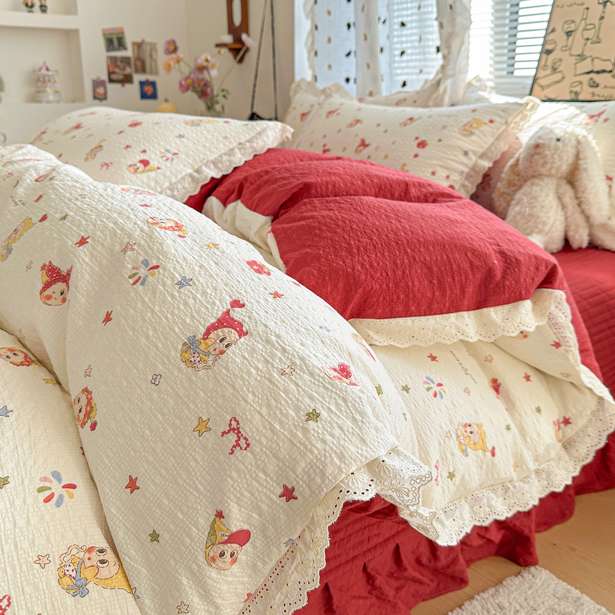 91家纺网 家纺一手货源 找家纺 富米莱（原臻工厂） 2026新款全新花边款泡芙双层纱夏凉被床盖床裙四件套 蕾丝花边-魔法星星