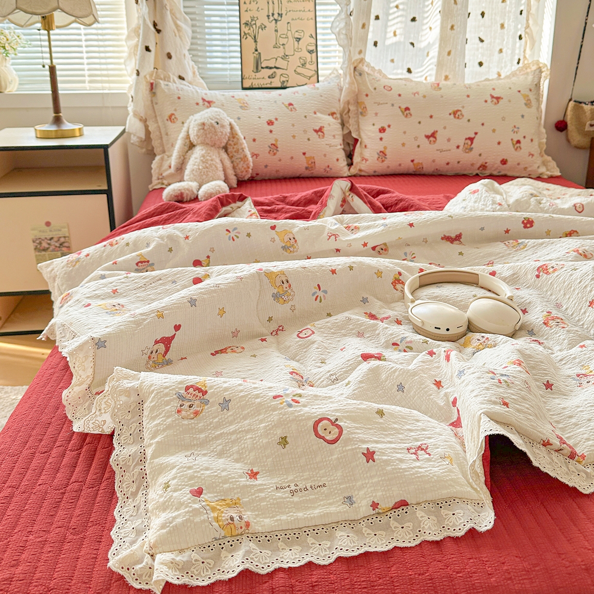 91家纺网 家纺一手货源 找家纺 富米莱（原臻工厂） 2026新款全新花边款泡芙双层纱夏凉被床盖床裙四件套 蕾丝花边-魔法星星