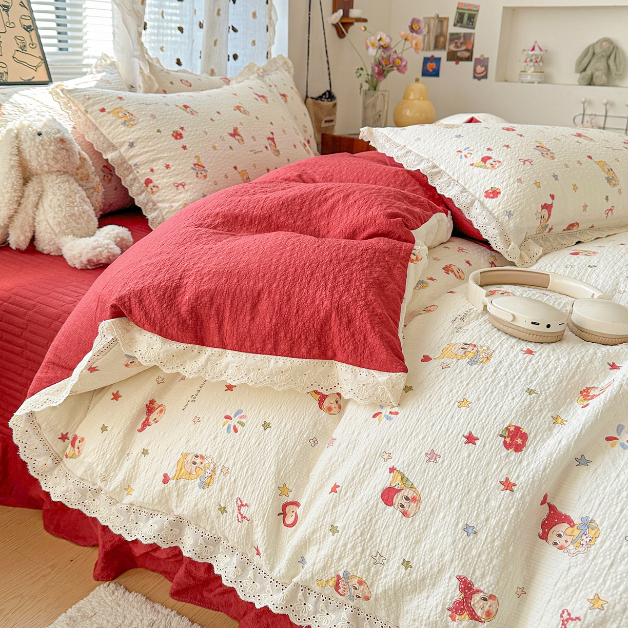 91家纺网 家纺一手货源 找家纺 富米莱（原臻工厂） 2026新款全新花边款泡芙双层纱夏凉被床盖床裙四件套 蕾丝花边-魔法星星