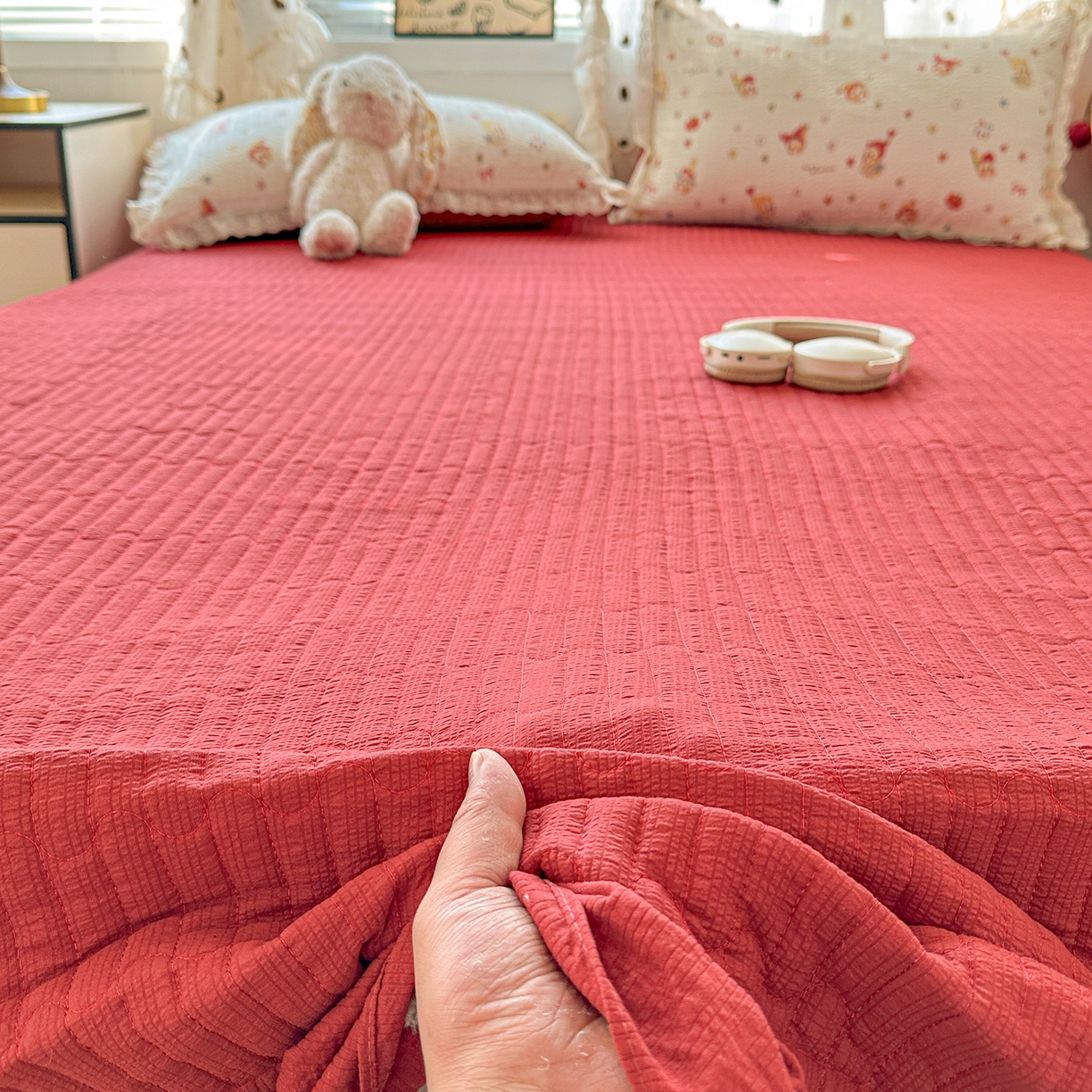 91家纺网 家纺一手货源 找家纺 富米莱（原臻工厂） 2026新款全新花边款泡芙双层纱夏凉被床盖床裙四件套 蕾丝花边-魔法星星