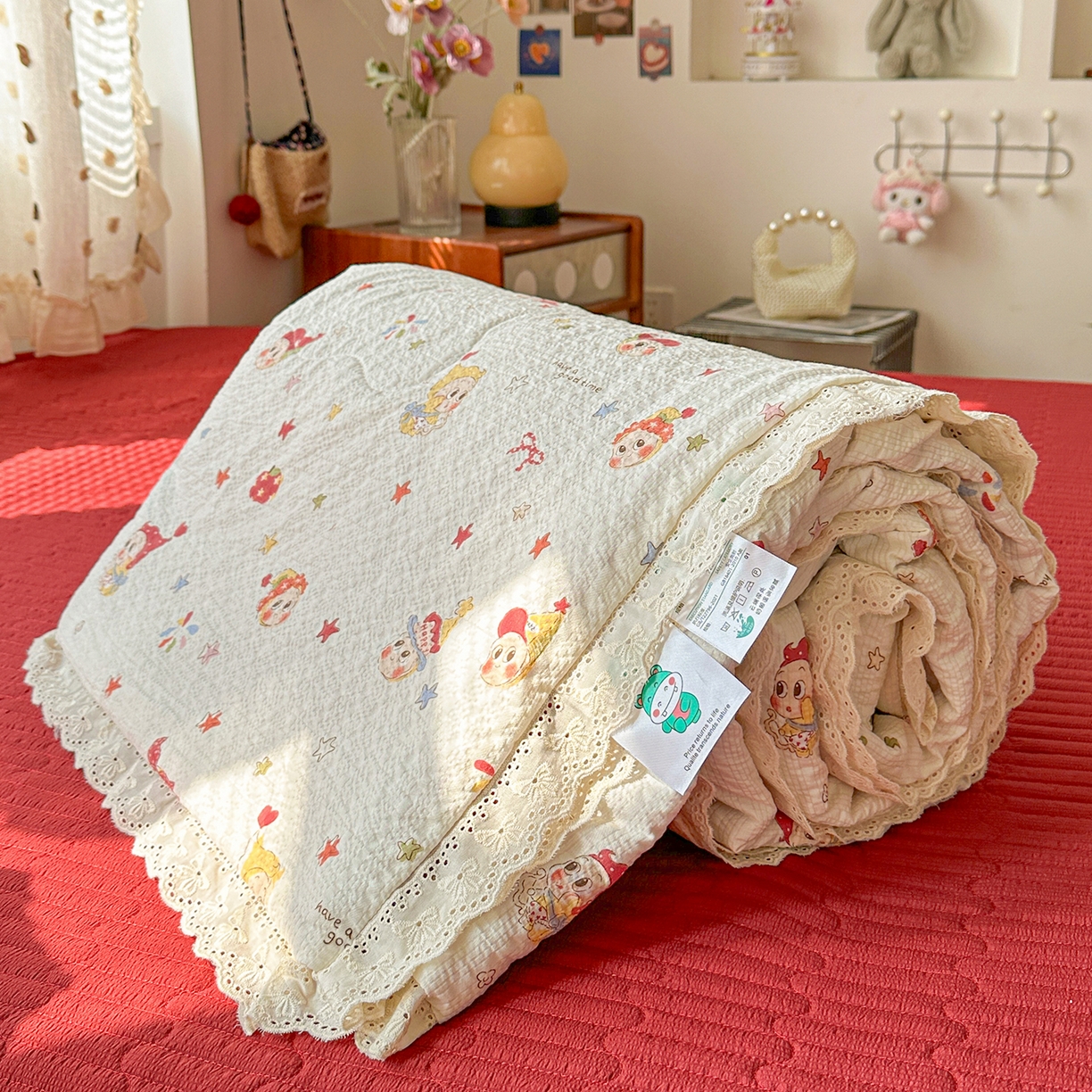 91家纺网 家纺一手货源 找家纺 富米莱（原臻工厂） 2026新款全新花边款泡芙双层纱夏凉被床盖床裙四件套 蕾丝花边-魔法星星