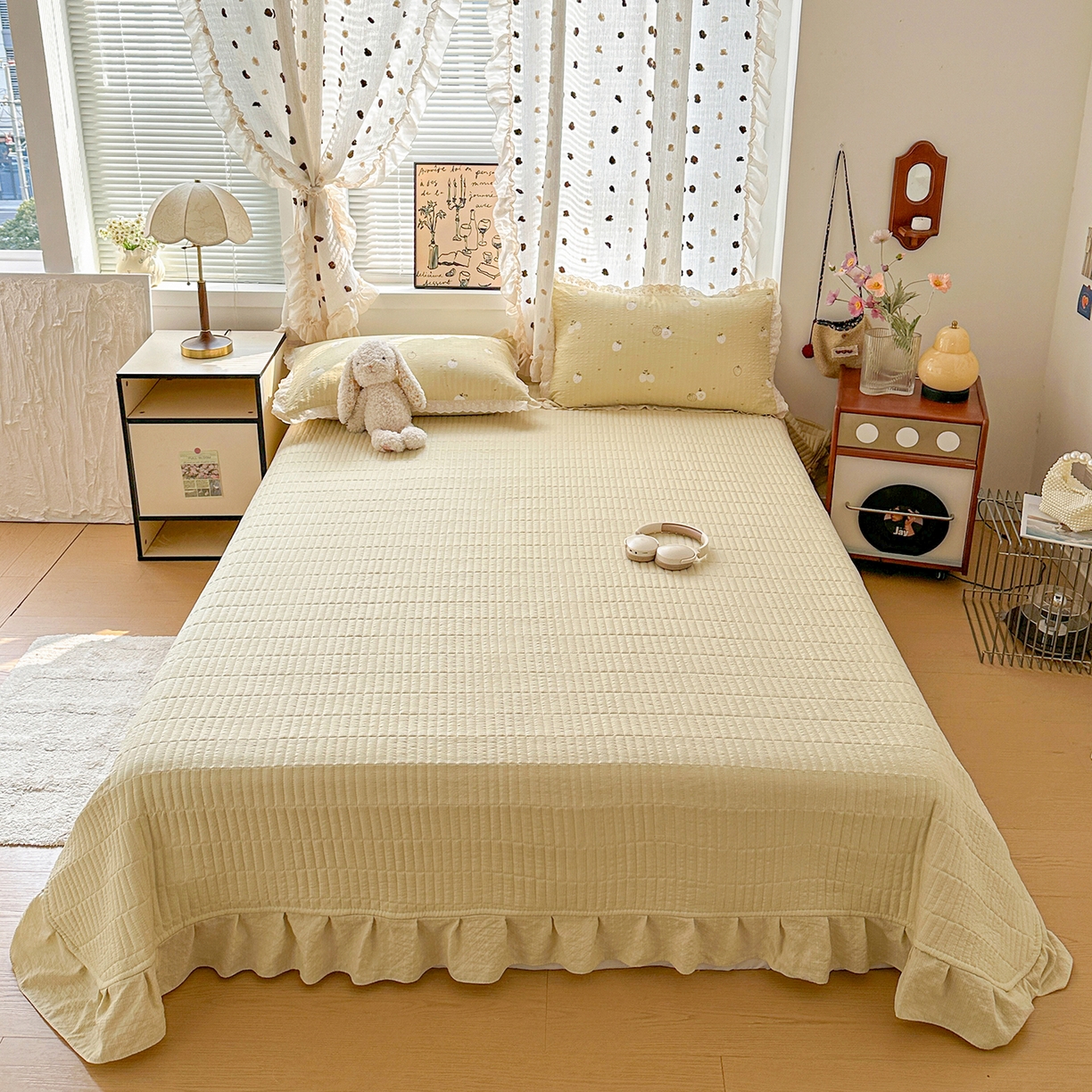 91家纺网 家纺一手货源 找家纺 富米莱（原臻工厂） 2026新款全新花边款泡芙双层纱夏凉被床盖床裙四件套 蕾丝花边-奶黄草莓