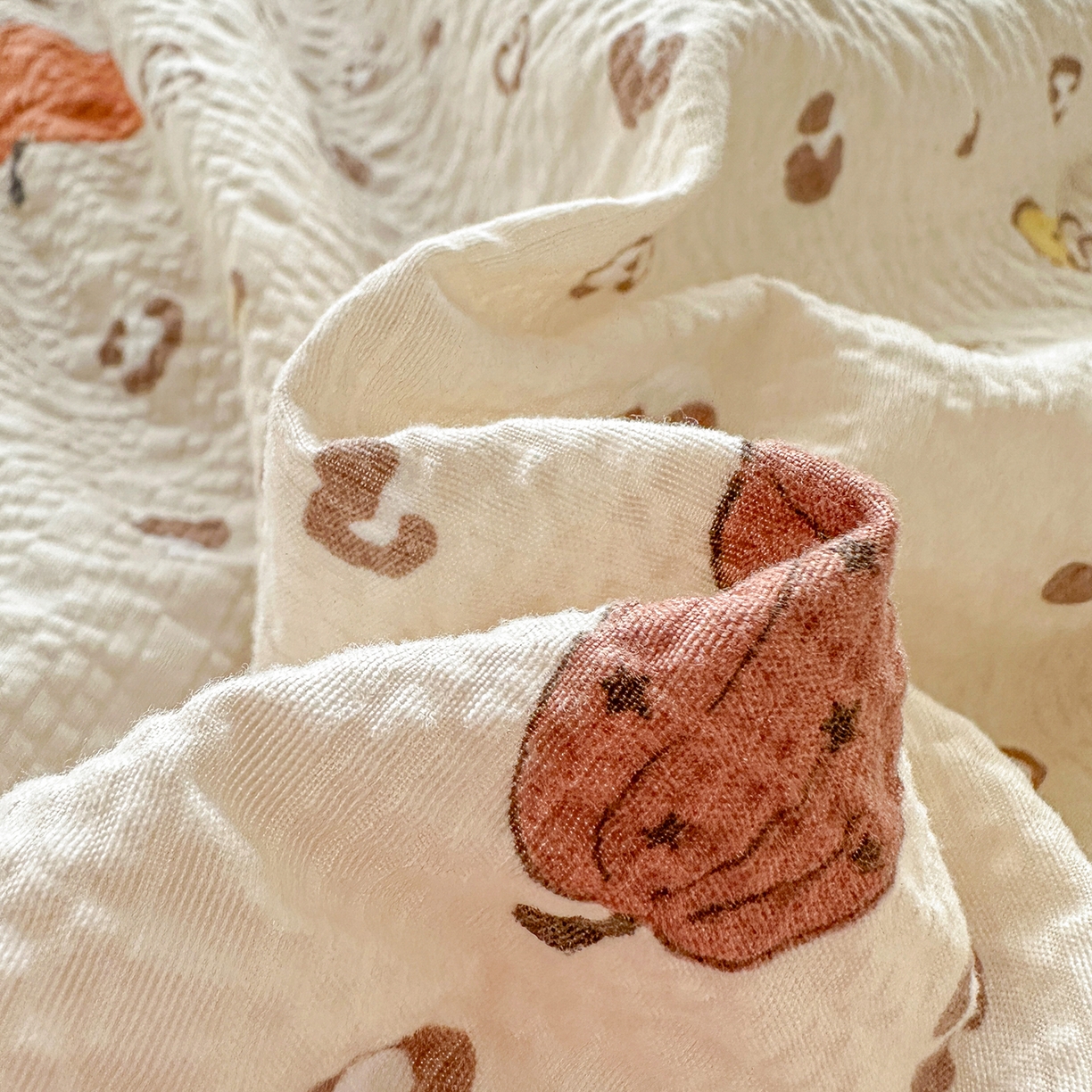 91家纺网 家纺一手货源 找家纺 富米莱（原臻工厂） 2026新款全新花边款泡芙双层纱夏凉被床盖床裙四件套 蕾丝花边-南瓜奶豹