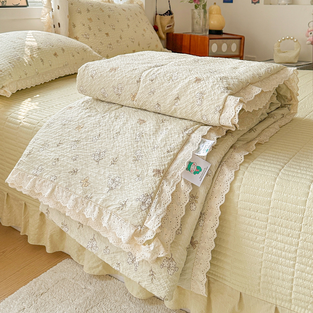 富米莱（原臻工厂） 2026新款全新花边款泡芙双层纱夏凉被床盖床裙四件套 蕾丝花边-青提花蝶