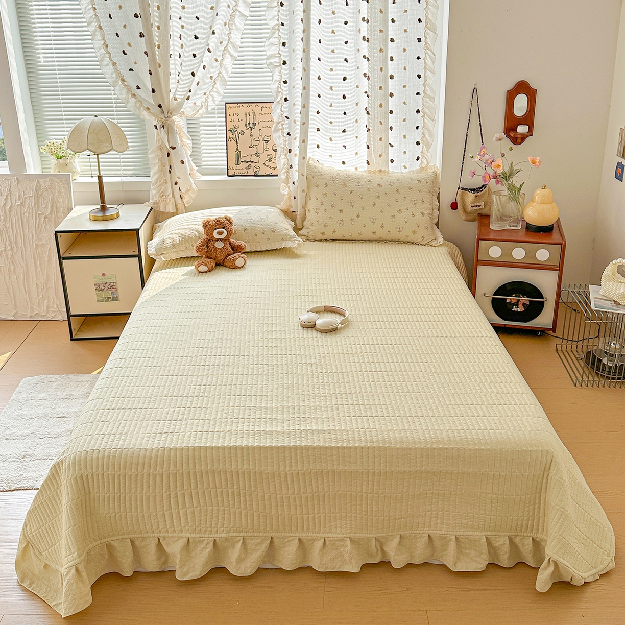 91家纺网 家纺一手货源 找家纺 富米莱（原臻工厂） 2026新款全新花边款泡芙双层纱夏凉被床盖床裙四件套 蕾丝花边-青提花蝶