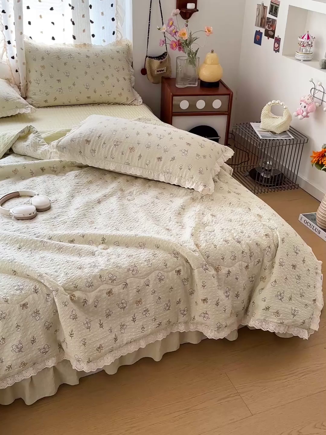 91家纺网 家纺一手货源 找家纺 富米莱（原臻工厂） 2026新款全新花边款泡芙双层纱夏凉被床盖床裙四件套 蕾丝花边-青提花蝶
