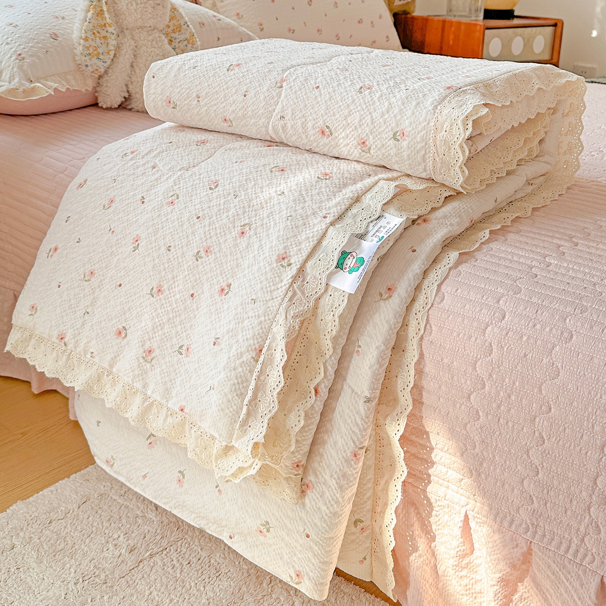 富米莱（原臻工厂） 2026新款全新花边款泡芙双层纱夏凉被床盖床裙四件套 蕾丝花边-小粉花