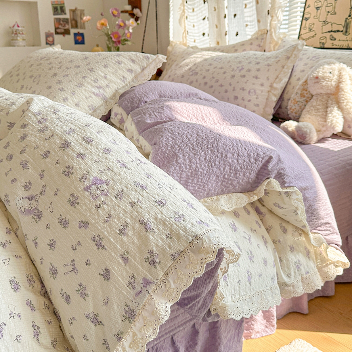 91家纺网 家纺一手货源 找家纺 富米莱（原臻工厂） 2026新款全新花边款泡芙双层纱夏凉被床盖床裙四件套 蕾丝花边-紫雾小兔