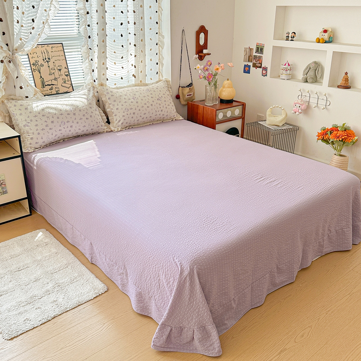 91家纺网 家纺一手货源 找家纺 富米莱（原臻工厂） 2026新款全新花边款泡芙双层纱夏凉被床盖床裙四件套 蕾丝花边-紫雾小兔