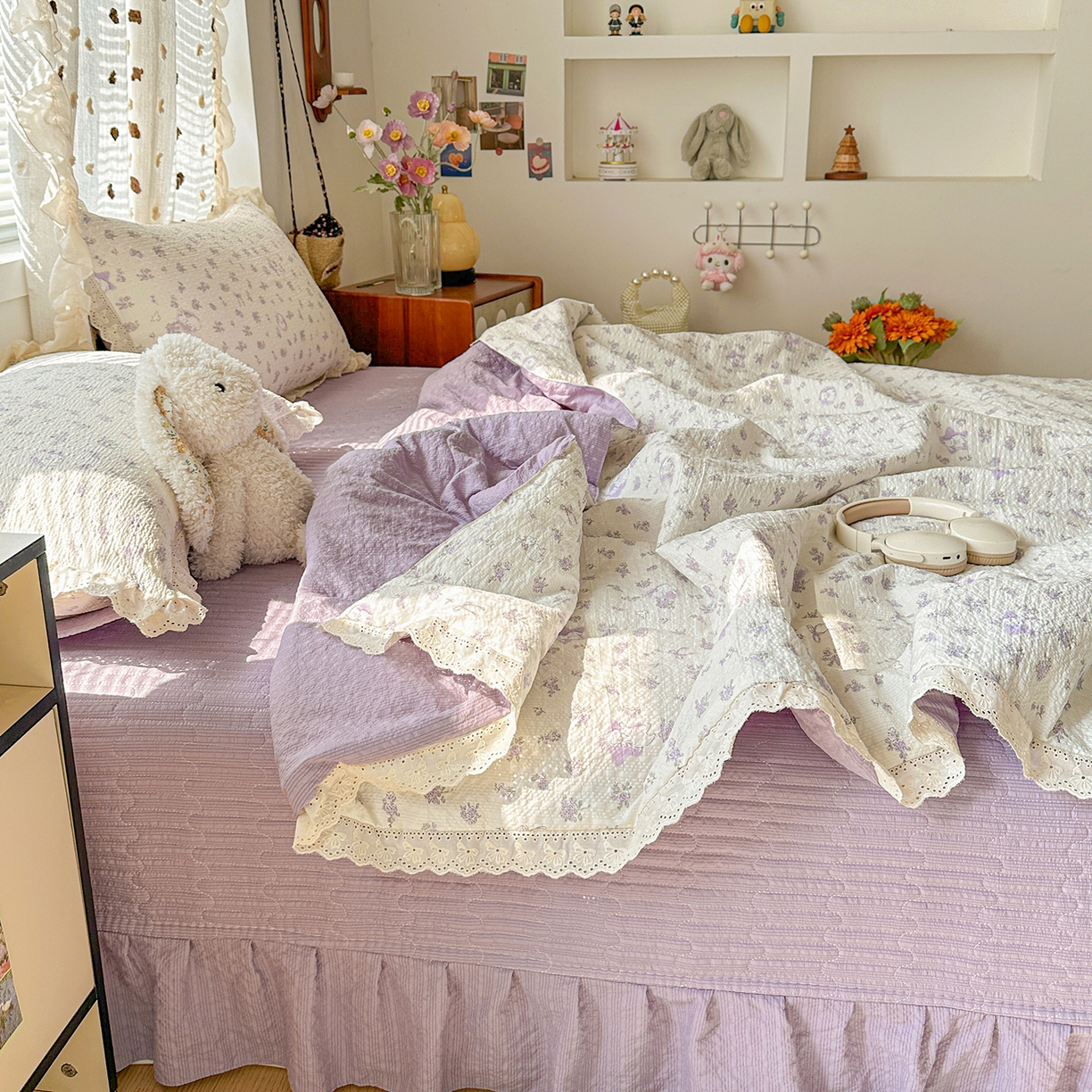 91家纺网 家纺一手货源 找家纺 富米莱（原臻工厂） 2026新款全新花边款泡芙双层纱夏凉被床盖床裙四件套 蕾丝花边-紫雾小兔