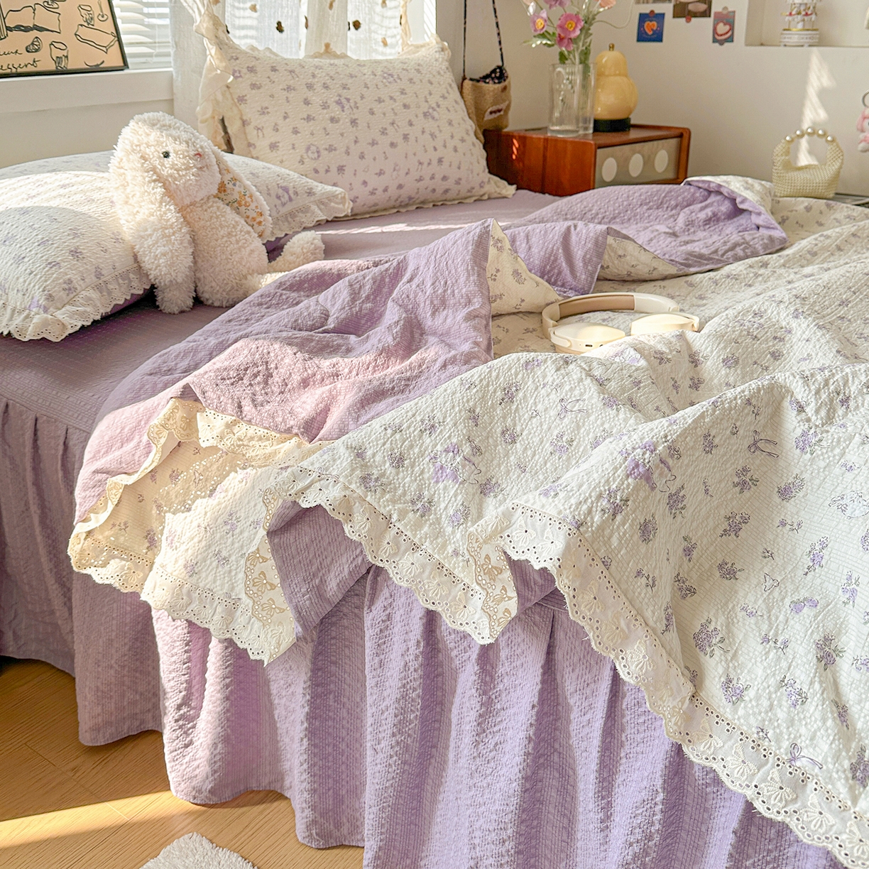 91家纺网 家纺一手货源 找家纺 富米莱（原臻工厂） 2026新款全新花边款泡芙双层纱夏凉被床盖床裙四件套 蕾丝花边-紫雾小兔