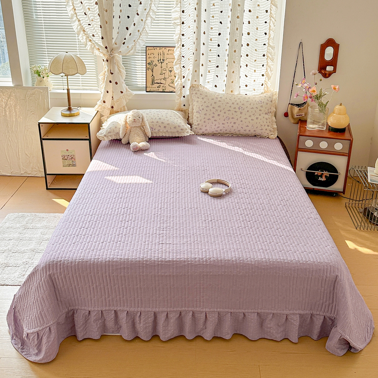 91家纺网 家纺一手货源 找家纺 富米莱（原臻工厂） 2026新款全新花边款泡芙双层纱夏凉被床盖床裙四件套 蕾丝花边-紫雾小兔