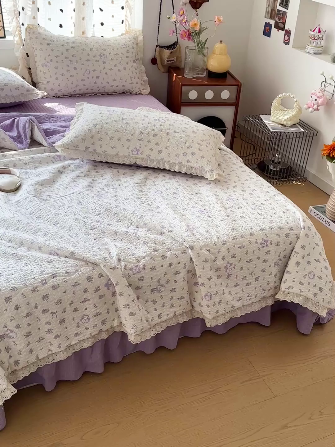 91家纺网 家纺一手货源 找家纺 富米莱（原臻工厂） 2026新款全新花边款泡芙双层纱夏凉被床盖床裙四件套 蕾丝花边-紫雾小兔