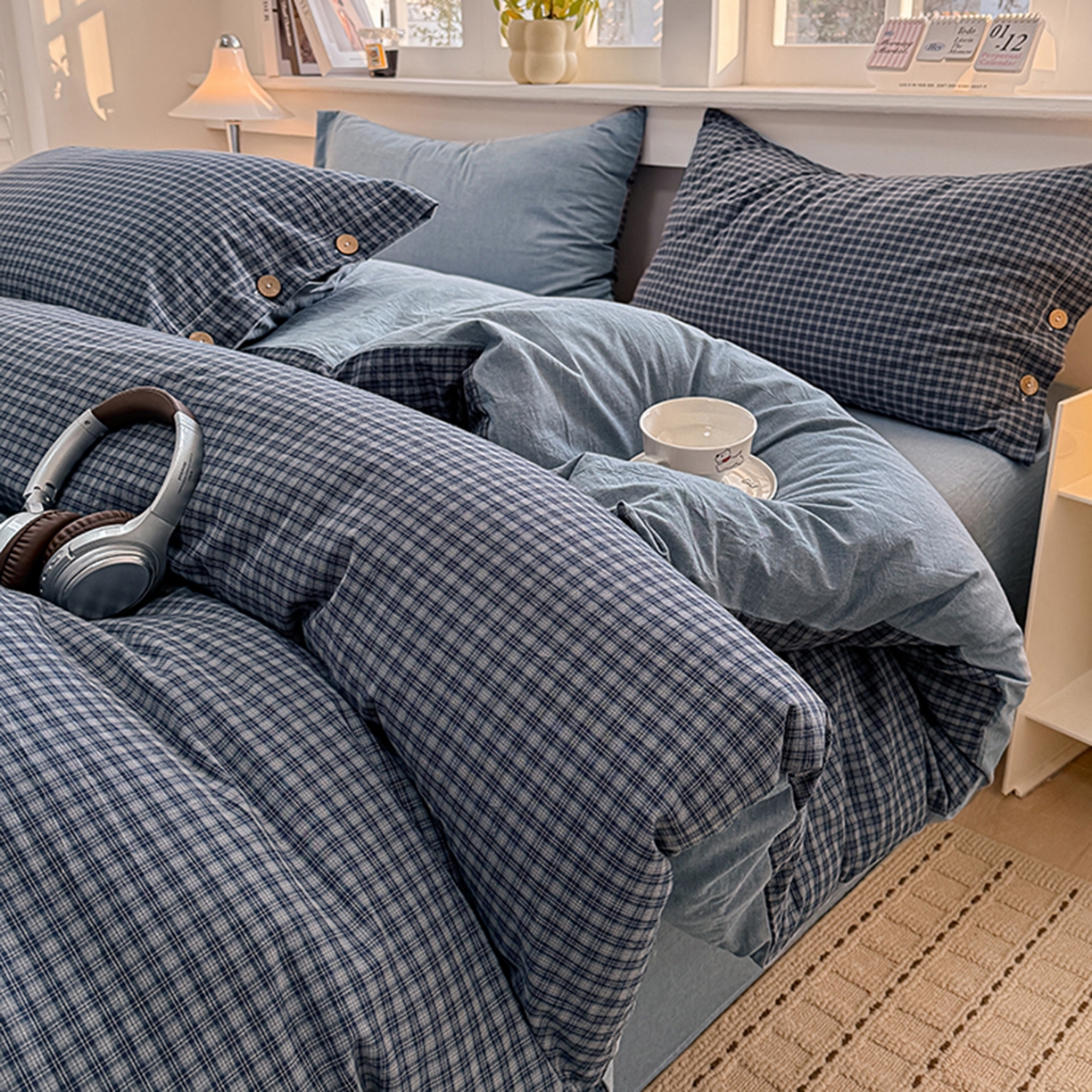 91家纺网 家纺一手货源 找家纺 （总）梦依依 2026新款A类全棉色织水洗棉纯棉格子钮扣款四件套学生宿舍三件套