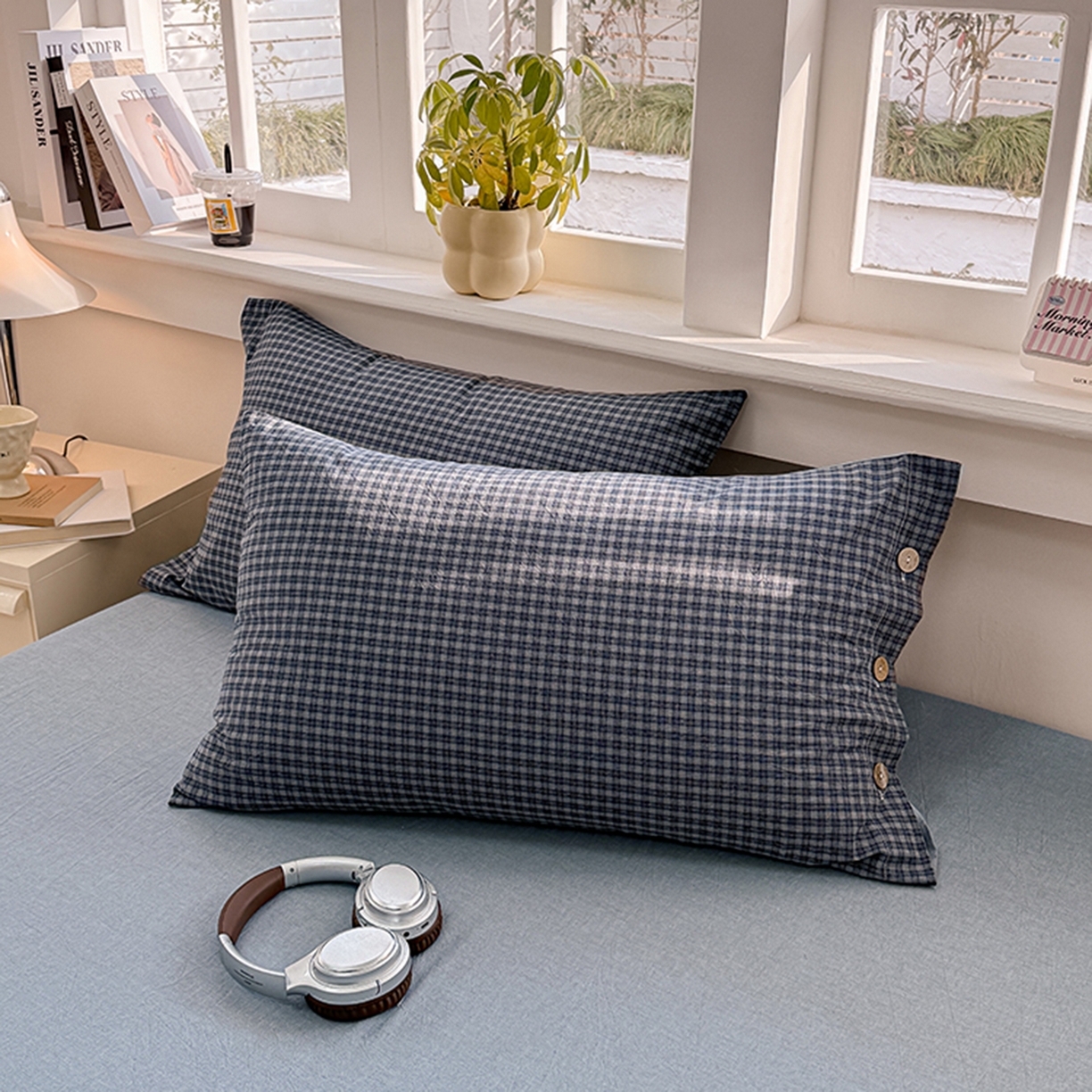 91家纺网 家纺一手货源 找家纺 （总）梦依依 2026新款A类全棉色织水洗棉纯棉格子钮扣款四件套学生宿舍三件套