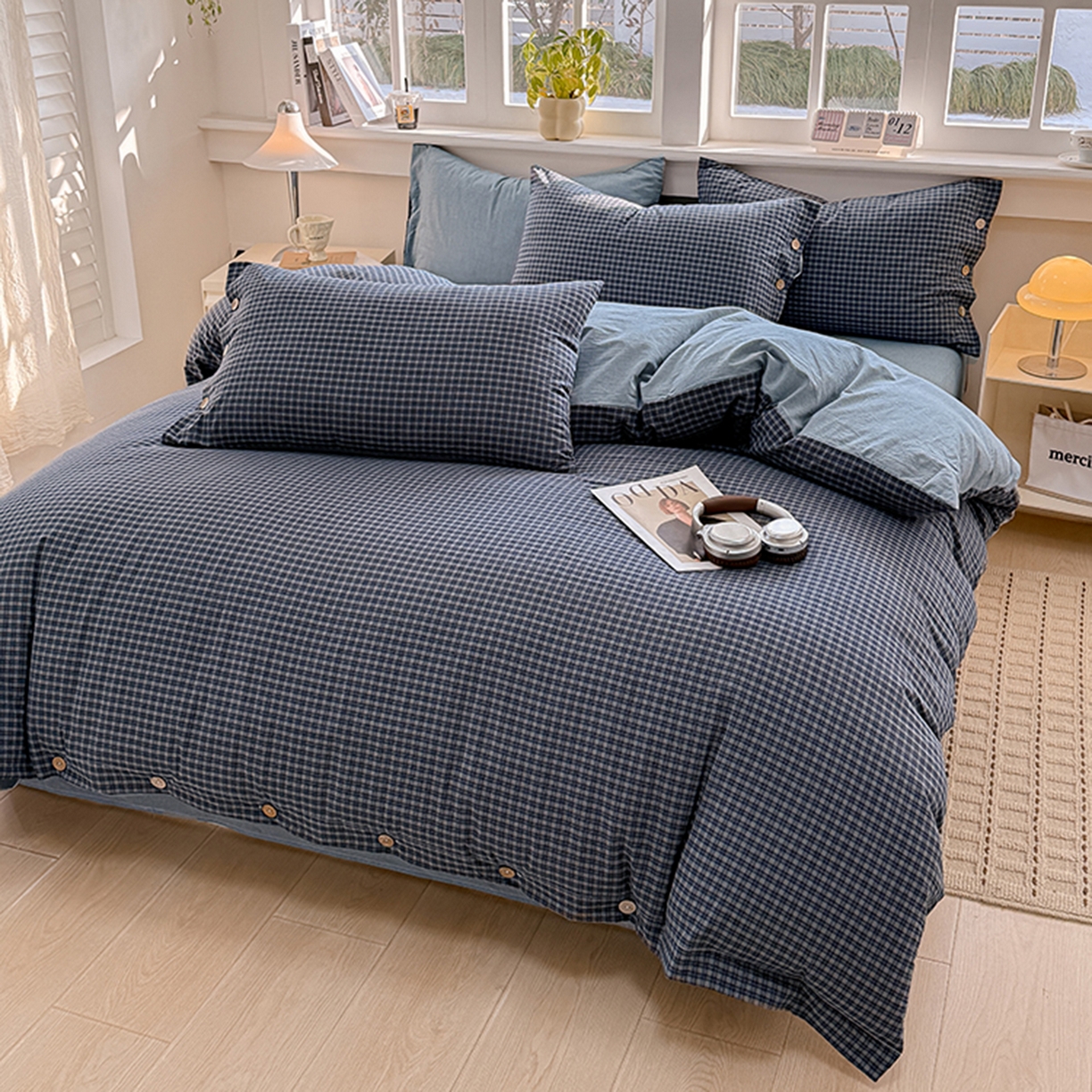 91家纺网 家纺一手货源 找家纺 （总）梦依依 2026新款A类全棉色织水洗棉纯棉格子钮扣款四件套学生宿舍三件套