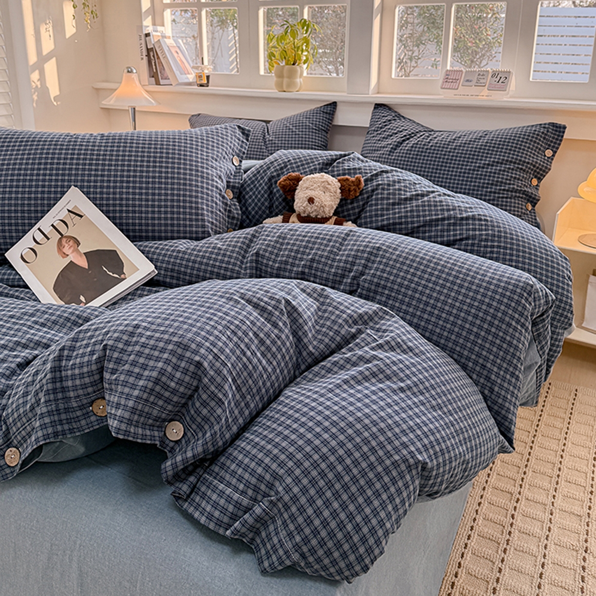 91家纺网 家纺一手货源 找家纺 （总）梦依依 2026新款A类全棉色织水洗棉纯棉格子钮扣款四件套学生宿舍三件套