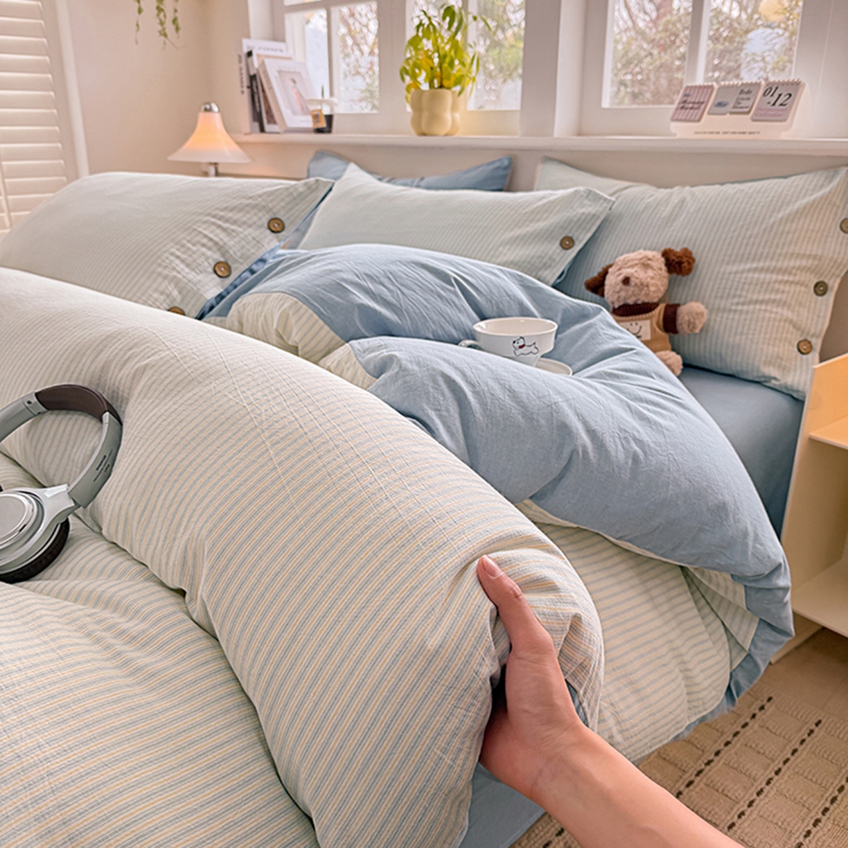 91家纺网 家纺一手货源 找家纺 （总）梦依依 2026新款A类全棉色织水洗棉纯棉格子钮扣款四件套学生宿舍三件套