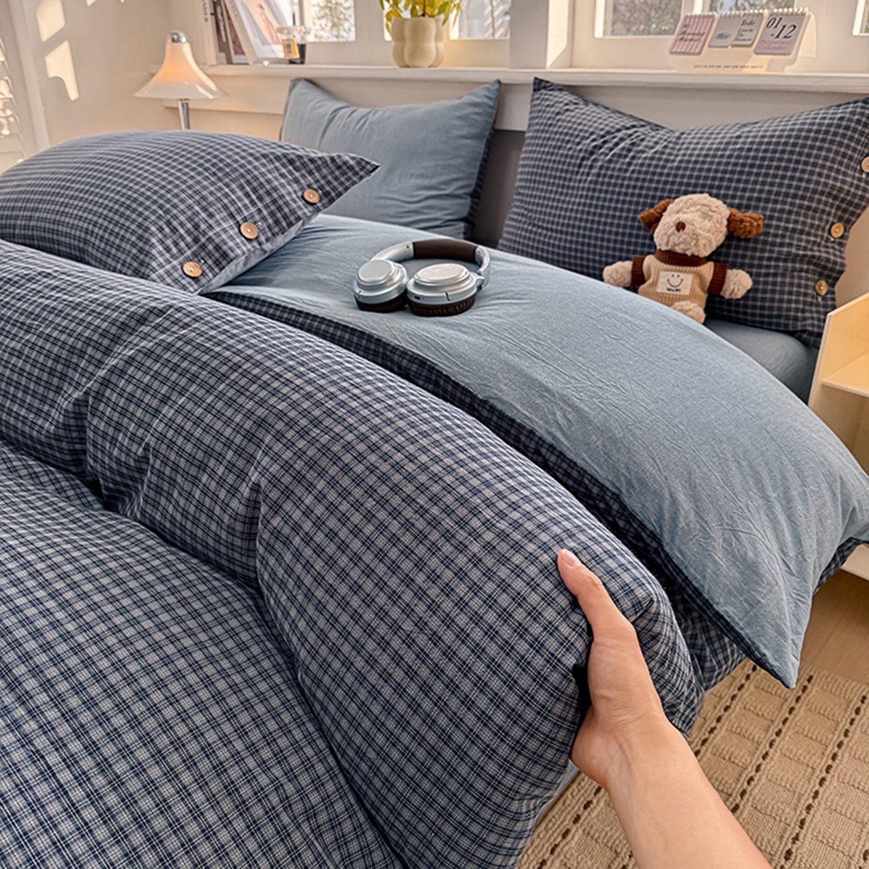 梦依依 2026新款A类全棉色织水洗棉纯棉格子钮扣款四件套学生宿舍三件套 巴赫