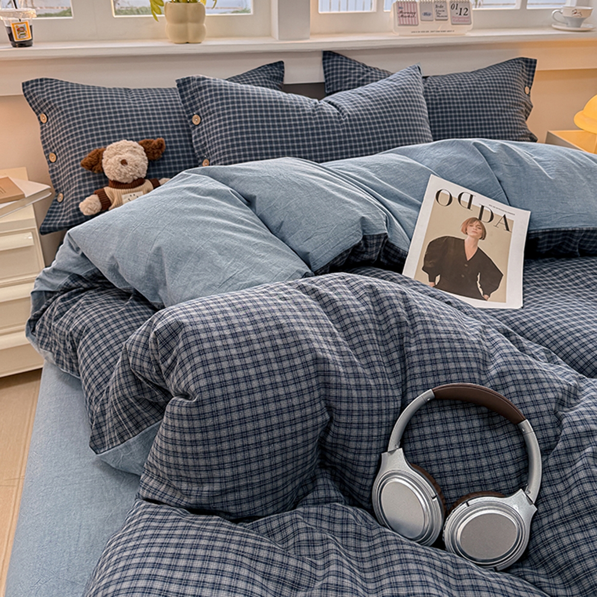 91家纺网 家纺一手货源 找家纺 梦依依 2026新款A类全棉色织水洗棉纯棉格子钮扣款四件套学生宿舍三件套 巴赫