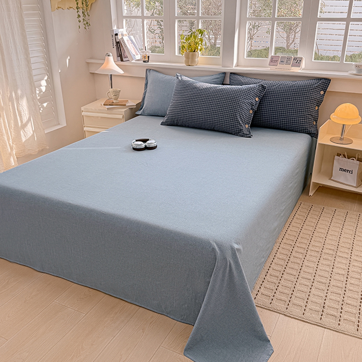 91家纺网 家纺一手货源 找家纺 梦依依 2026新款A类全棉色织水洗棉纯棉格子钮扣款四件套学生宿舍三件套 巴赫