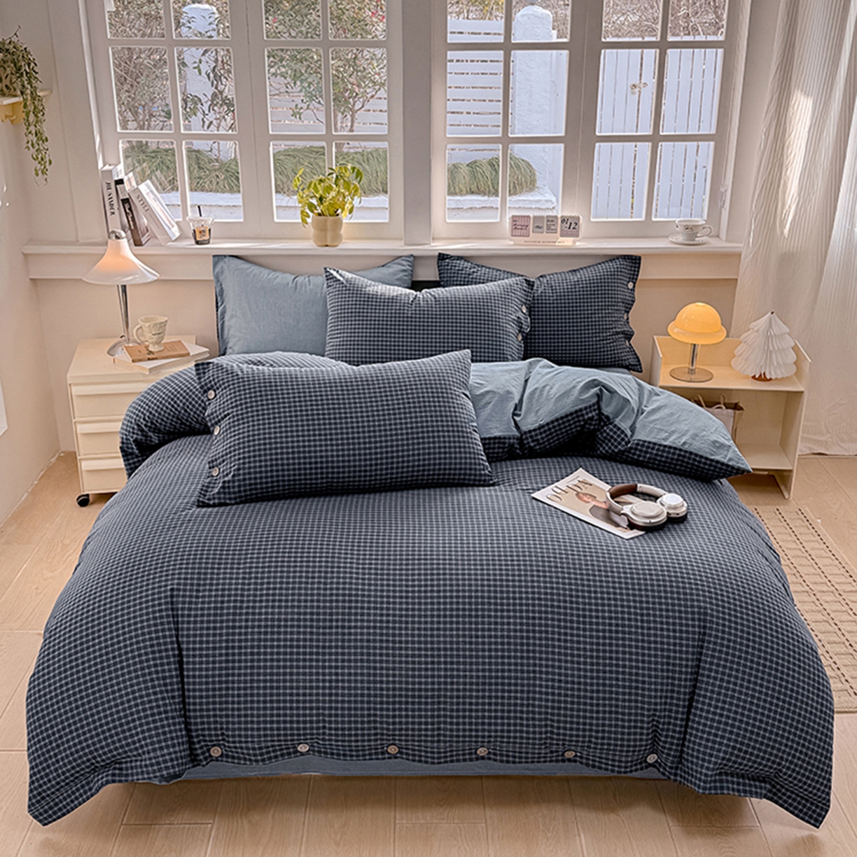 91家纺网 家纺一手货源 找家纺 梦依依 2026新款A类全棉色织水洗棉纯棉格子钮扣款四件套学生宿舍三件套 巴赫