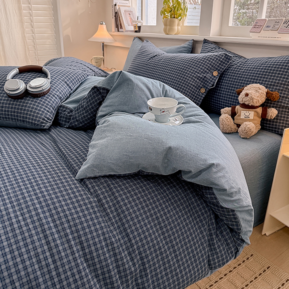 91家纺网 家纺一手货源 找家纺 梦依依 2026新款A类全棉色织水洗棉纯棉格子钮扣款四件套学生宿舍三件套 巴赫