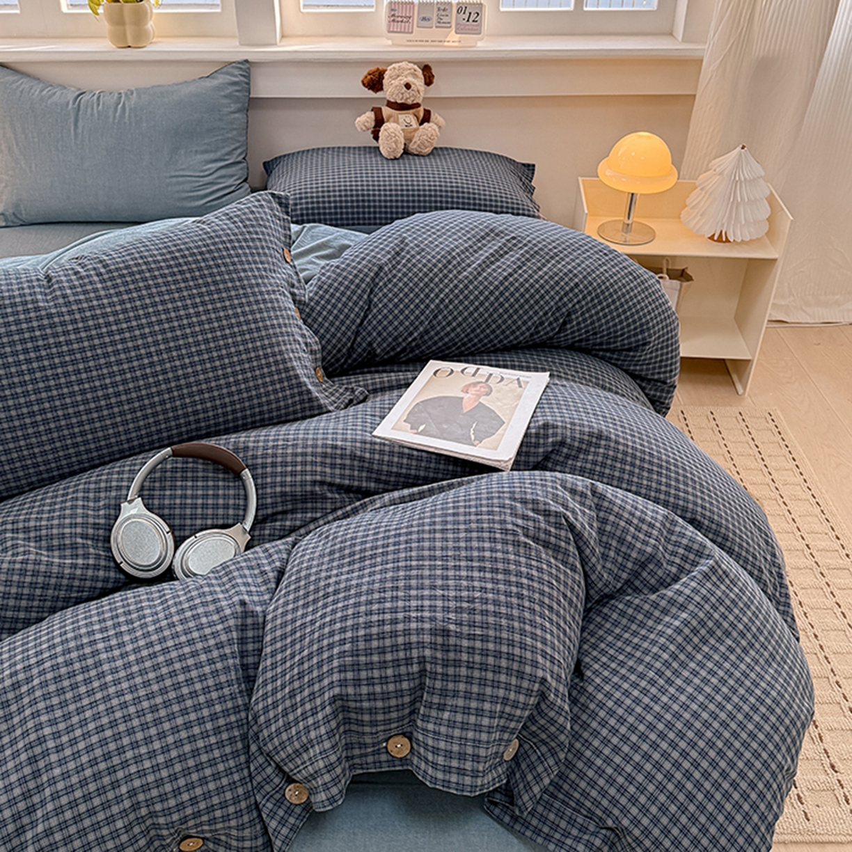 91家纺网 家纺一手货源 找家纺 梦依依 2026新款A类全棉色织水洗棉纯棉格子钮扣款四件套学生宿舍三件套 巴赫