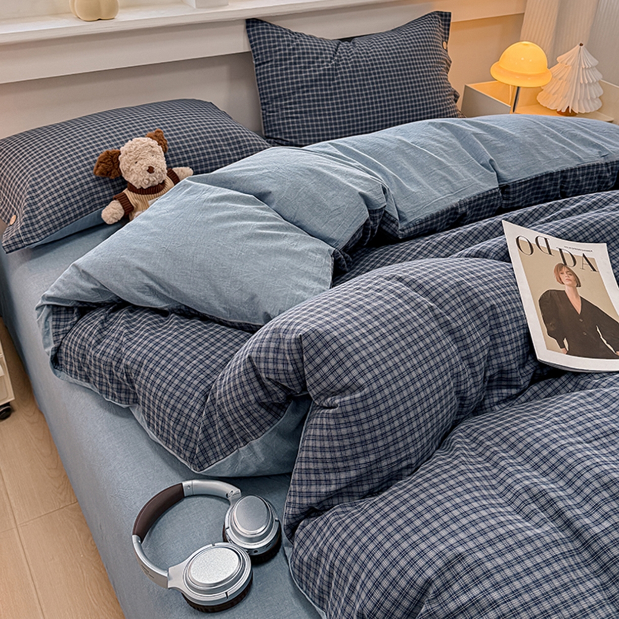 91家纺网 家纺一手货源 找家纺 梦依依 2026新款A类全棉色织水洗棉纯棉格子钮扣款四件套学生宿舍三件套 巴赫