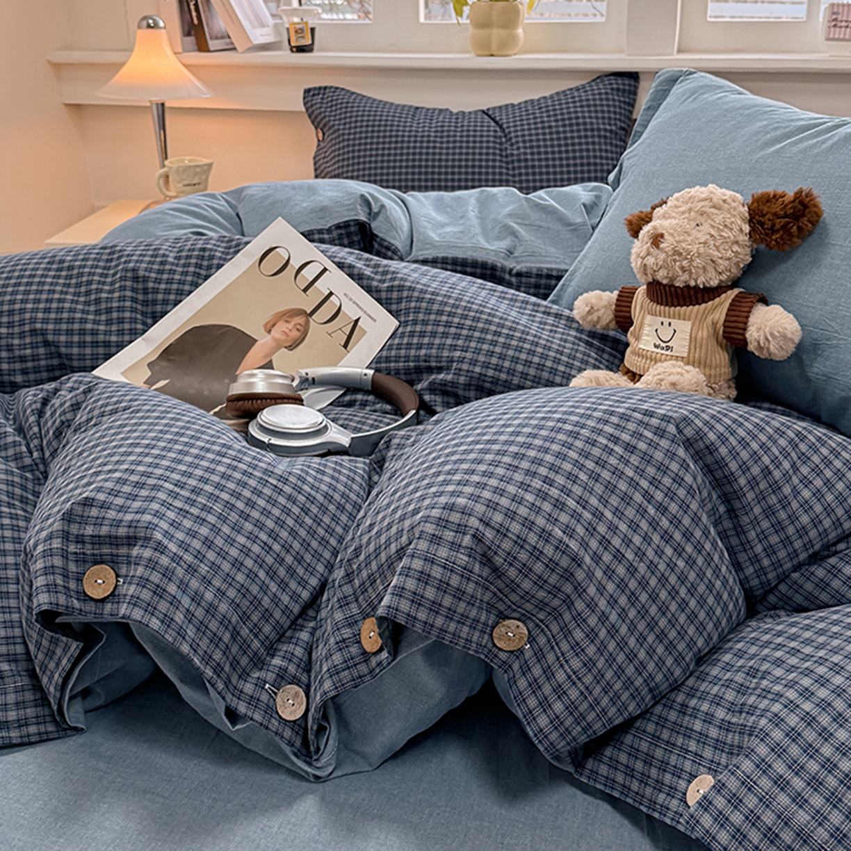 91家纺网 家纺一手货源 找家纺 梦依依 2026新款A类全棉色织水洗棉纯棉格子钮扣款四件套学生宿舍三件套 巴赫