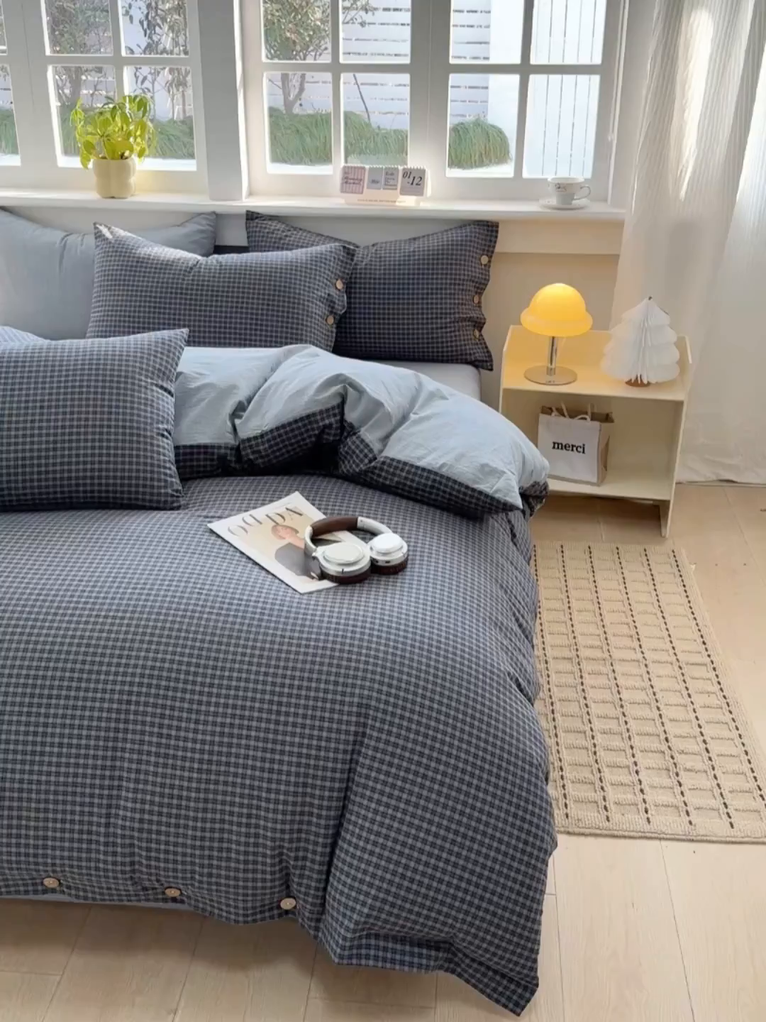 91家纺网 家纺一手货源 找家纺 梦依依 2026新款A类全棉色织水洗棉纯棉格子钮扣款四件套学生宿舍三件套 巴赫