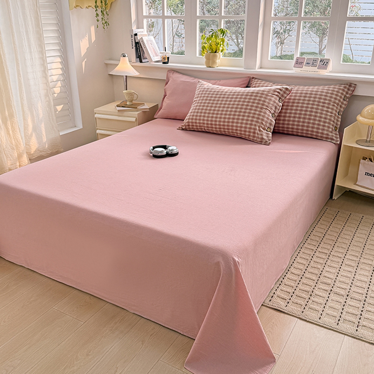 91家纺网 家纺一手货源 找家纺 梦依依 2026新款A类全棉色织水洗棉纯棉格子钮扣款四件套学生宿舍三件套 浣花