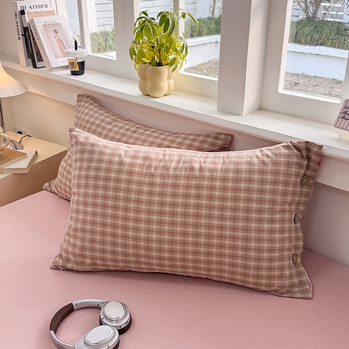 91家纺网 家纺一手货源 找家纺 梦依依 2026新款A类全棉色织水洗棉纯棉格子钮扣款四件套学生宿舍三件套 浣花