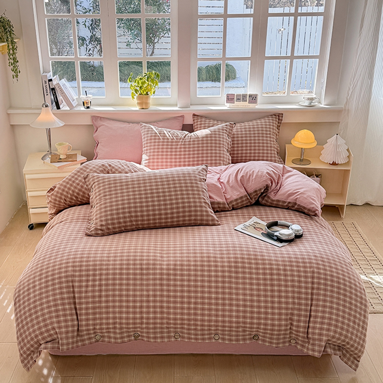 91家纺网 家纺一手货源 找家纺 梦依依 2026新款A类全棉色织水洗棉纯棉格子钮扣款四件套学生宿舍三件套 浣花