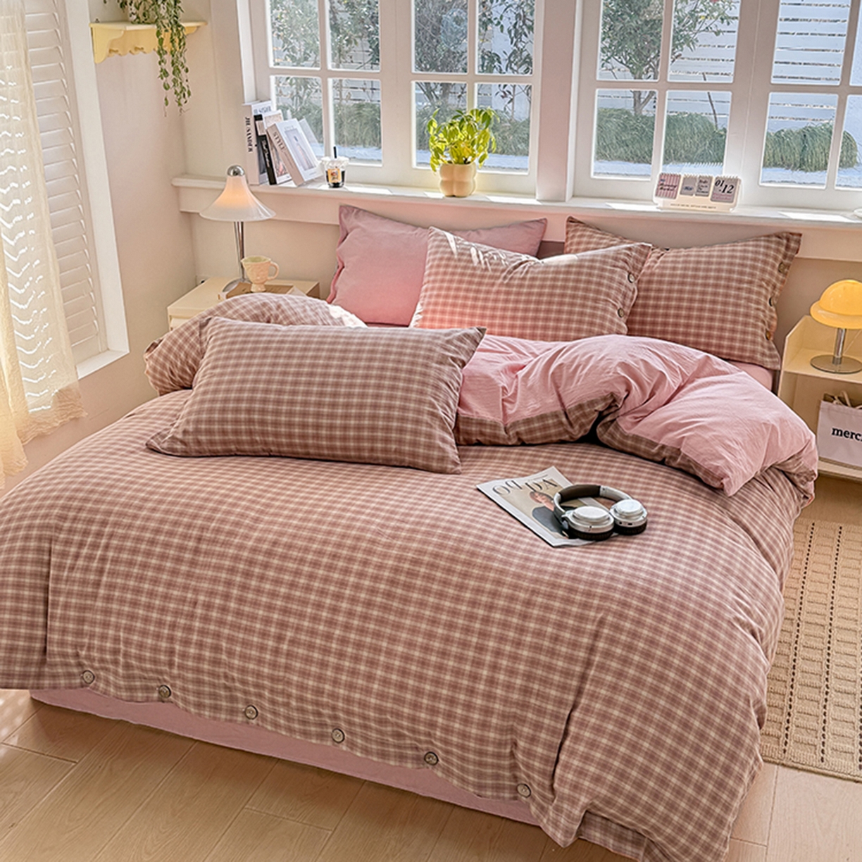 91家纺网 家纺一手货源 找家纺 梦依依 2026新款A类全棉色织水洗棉纯棉格子钮扣款四件套学生宿舍三件套 浣花
