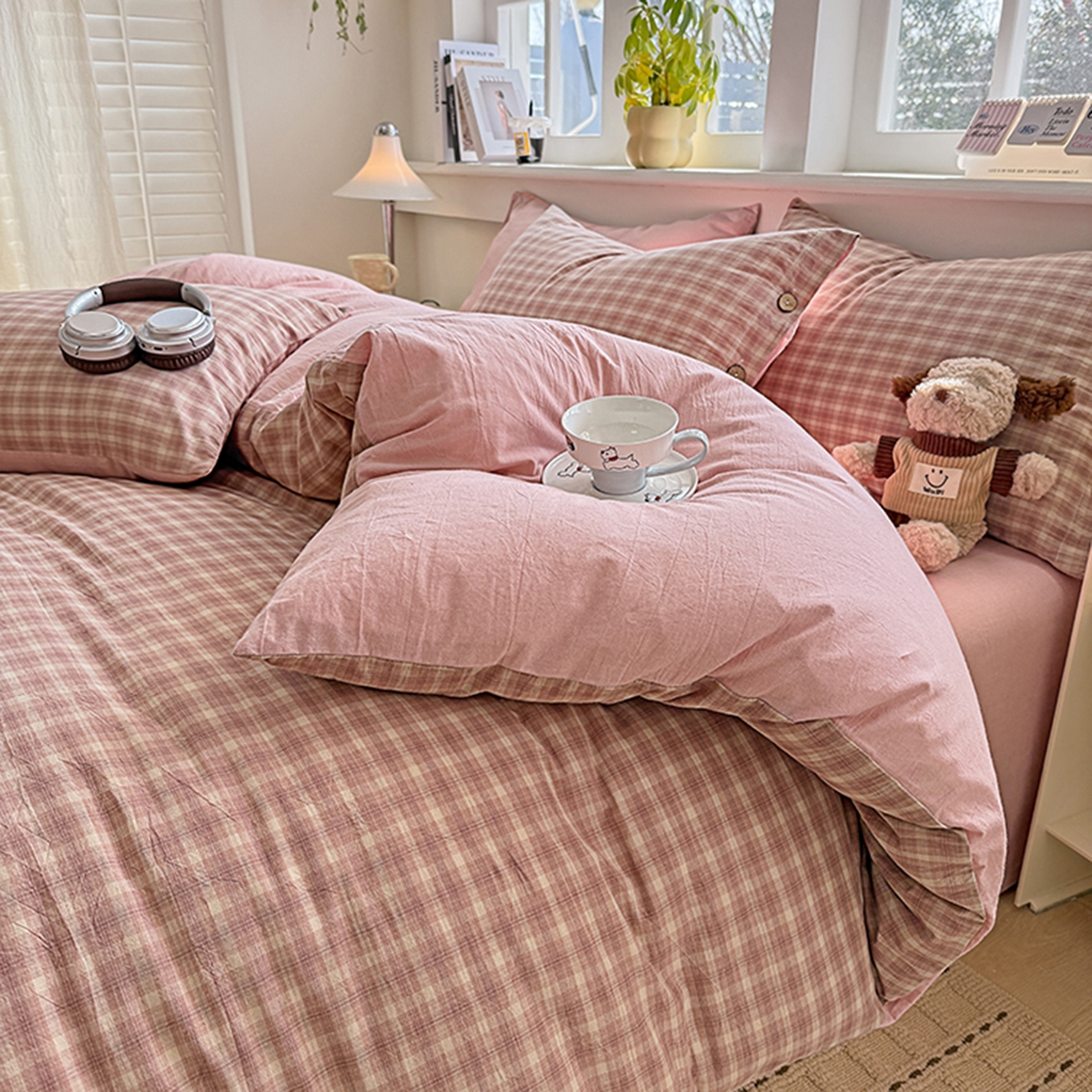 91家纺网 家纺一手货源 找家纺 梦依依 2026新款A类全棉色织水洗棉纯棉格子钮扣款四件套学生宿舍三件套 浣花