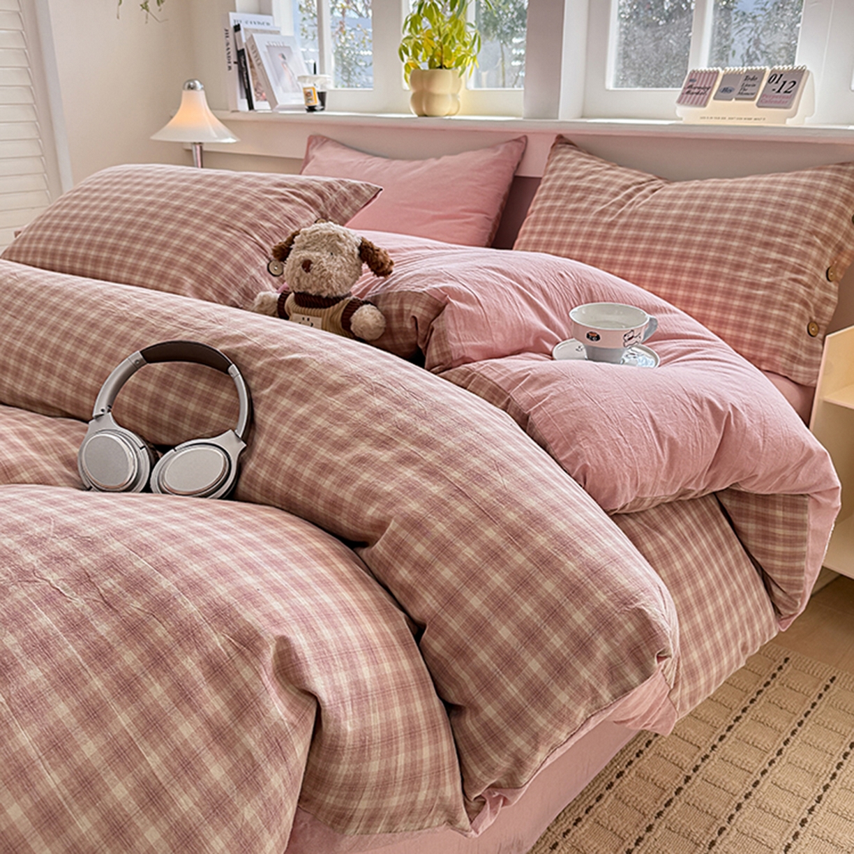 91家纺网 家纺一手货源 找家纺 梦依依 2026新款A类全棉色织水洗棉纯棉格子钮扣款四件套学生宿舍三件套 浣花