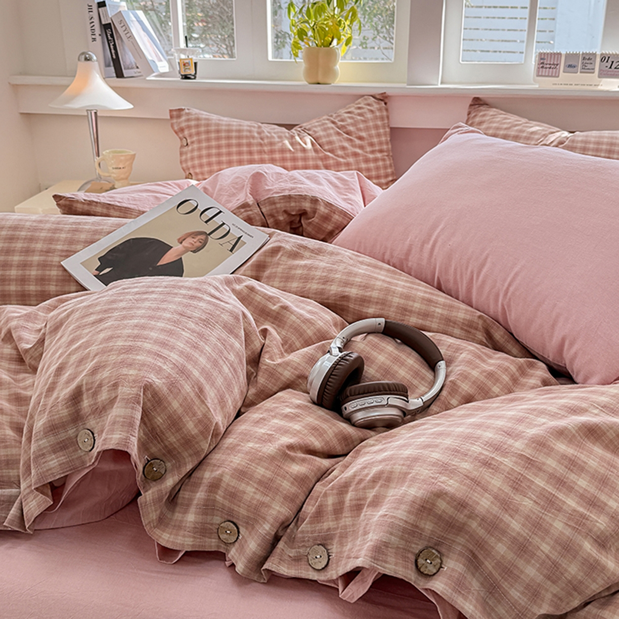 91家纺网 家纺一手货源 找家纺 梦依依 2026新款A类全棉色织水洗棉纯棉格子钮扣款四件套学生宿舍三件套 浣花