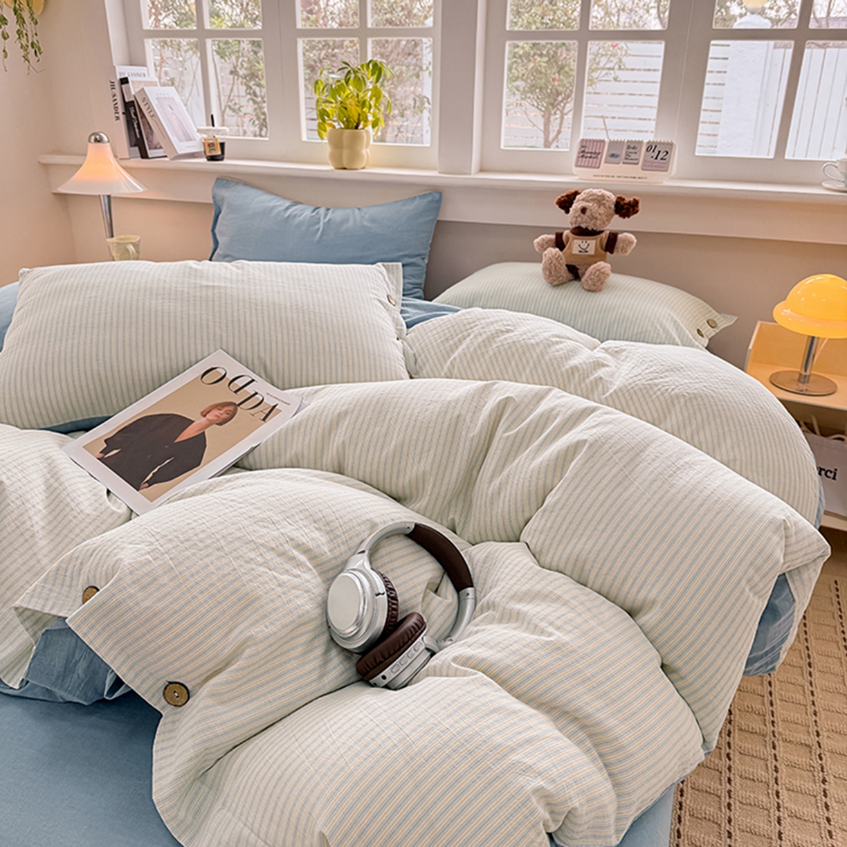 91家纺网 家纺一手货源 找家纺 梦依依 2026新款A类全棉色织水洗棉纯棉格子钮扣款四件套学生宿舍三件套 玛丽