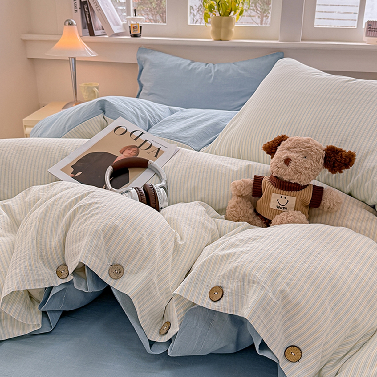 91家纺网 家纺一手货源 找家纺 梦依依 2026新款A类全棉色织水洗棉纯棉格子钮扣款四件套学生宿舍三件套 玛丽