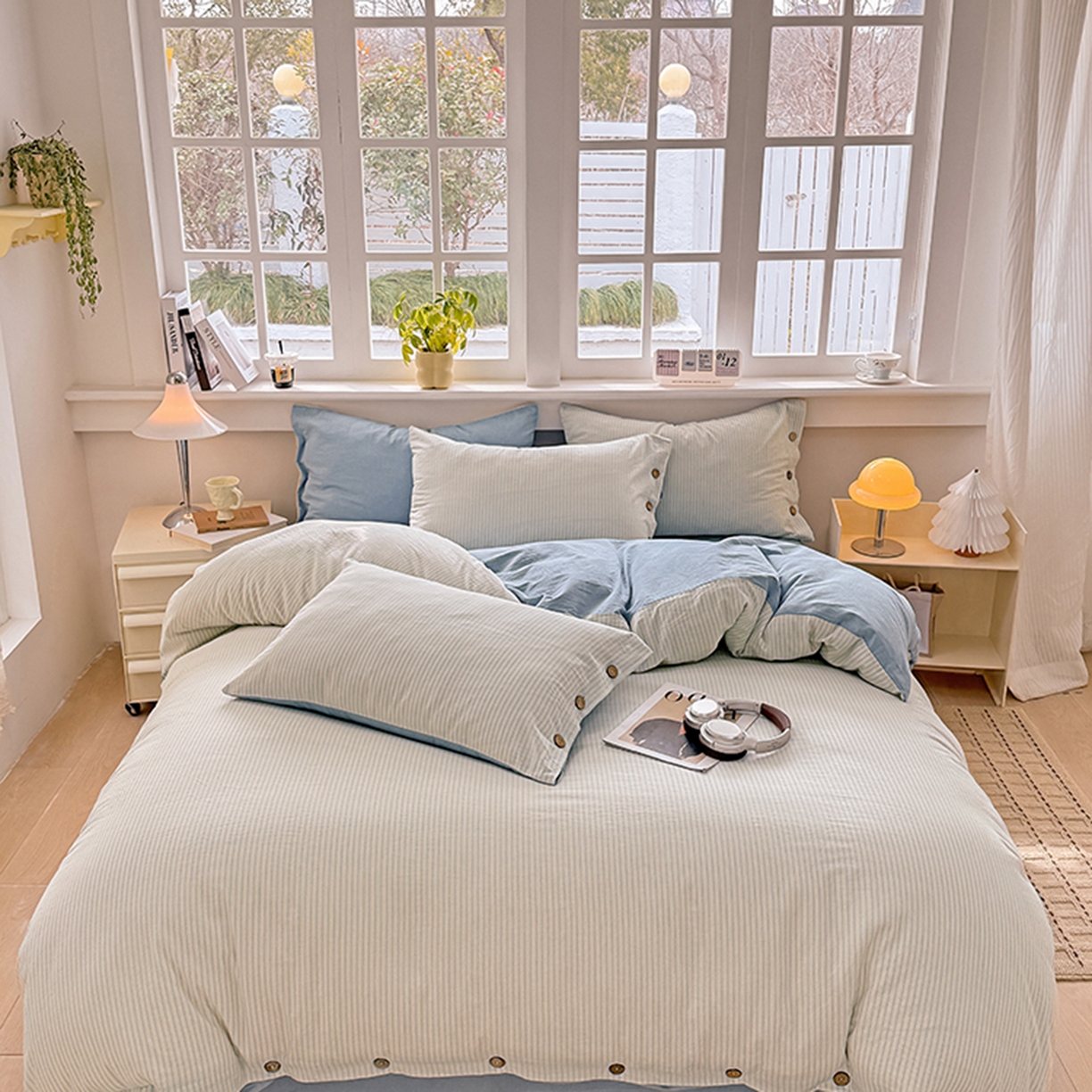 91家纺网 家纺一手货源 找家纺 梦依依 2026新款A类全棉色织水洗棉纯棉格子钮扣款四件套学生宿舍三件套 玛丽