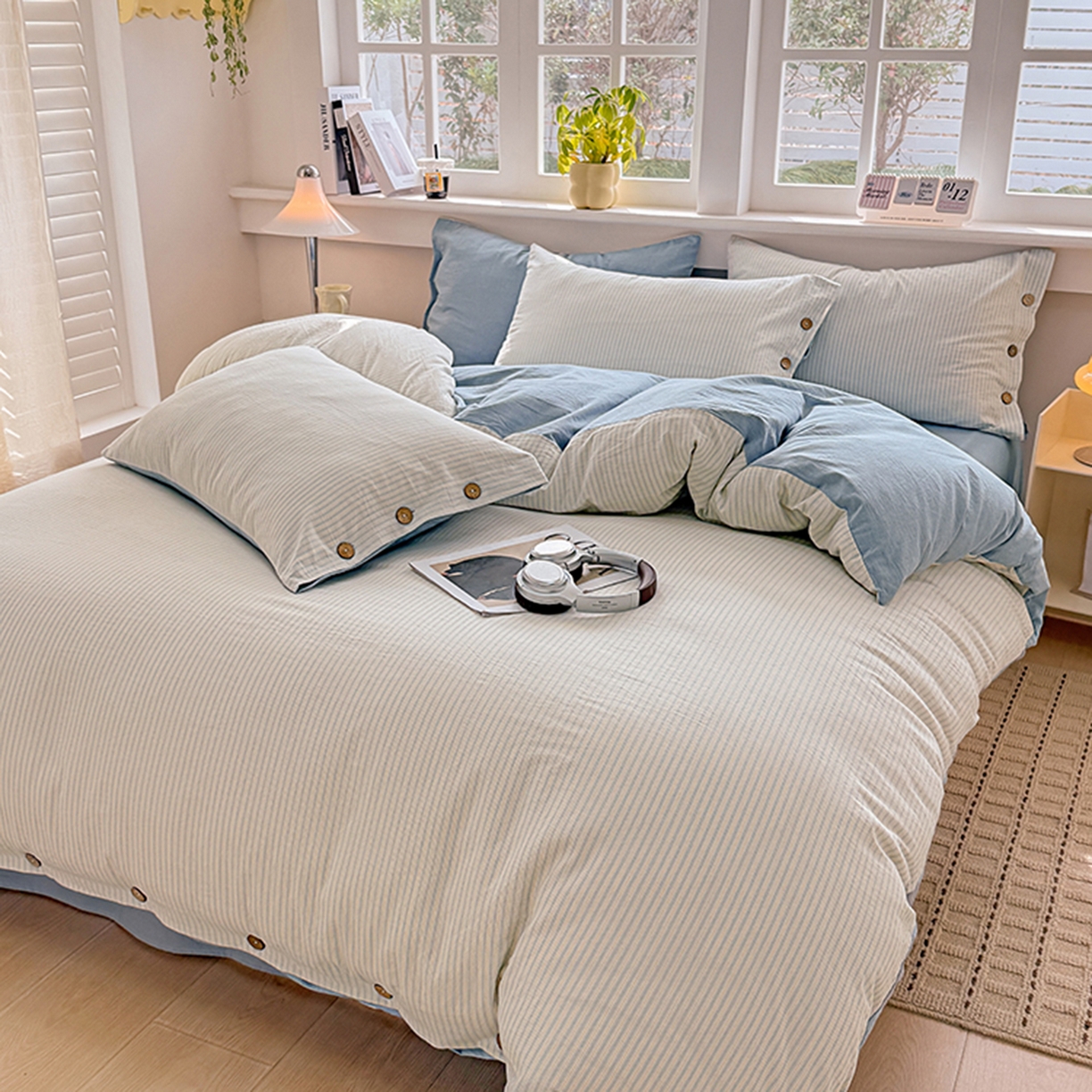 91家纺网 家纺一手货源 找家纺 梦依依 2026新款A类全棉色织水洗棉纯棉格子钮扣款四件套学生宿舍三件套 玛丽