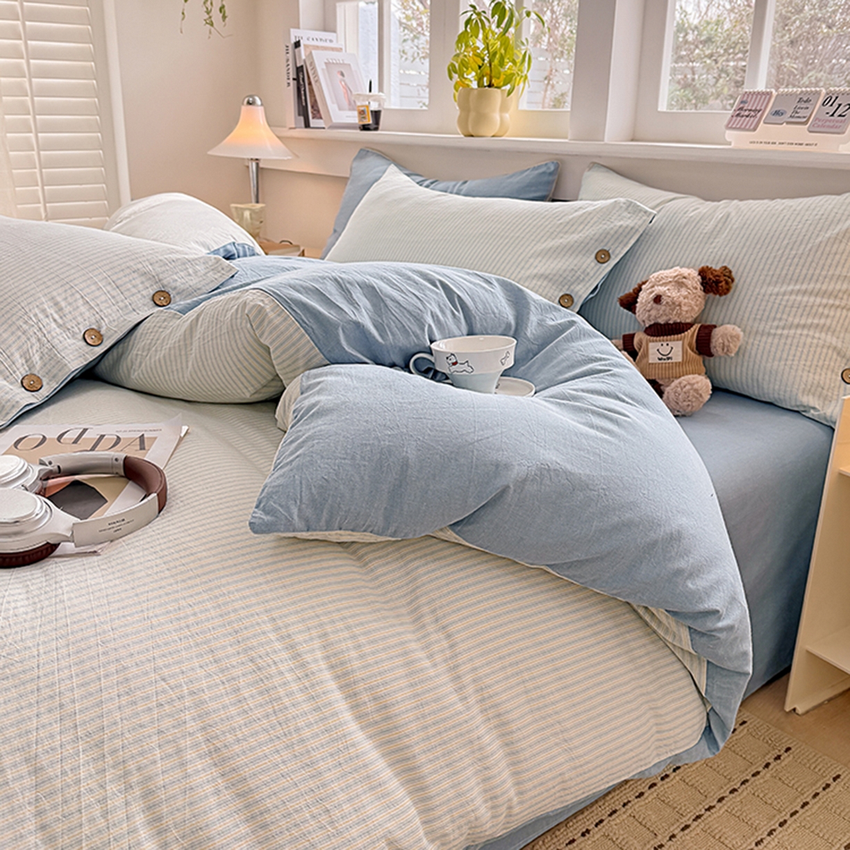 91家纺网 家纺一手货源 找家纺 梦依依 2026新款A类全棉色织水洗棉纯棉格子钮扣款四件套学生宿舍三件套 玛丽