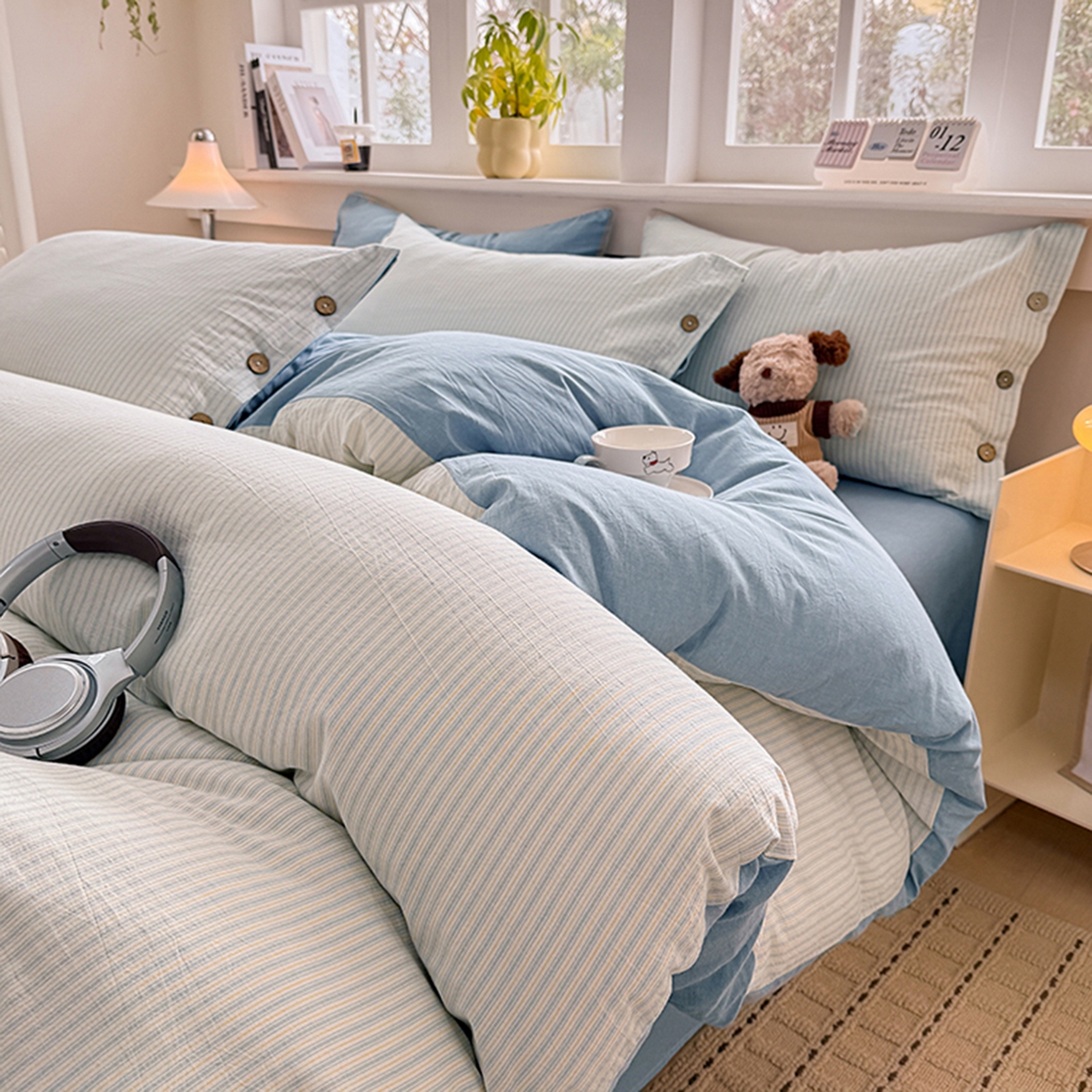 91家纺网 家纺一手货源 找家纺 梦依依 2026新款A类全棉色织水洗棉纯棉格子钮扣款四件套学生宿舍三件套 玛丽