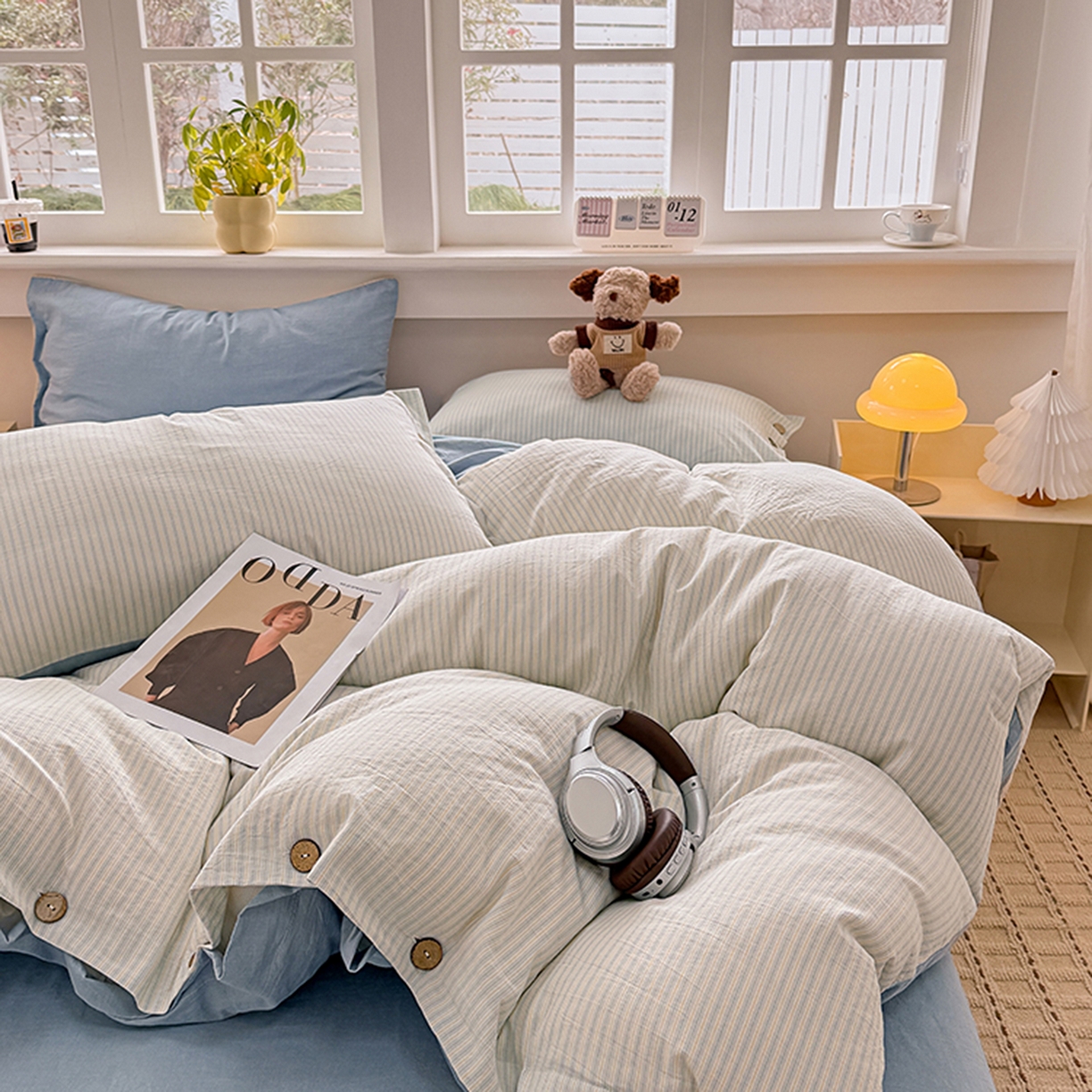 91家纺网 家纺一手货源 找家纺 梦依依 2026新款A类全棉色织水洗棉纯棉格子钮扣款四件套学生宿舍三件套 玛丽