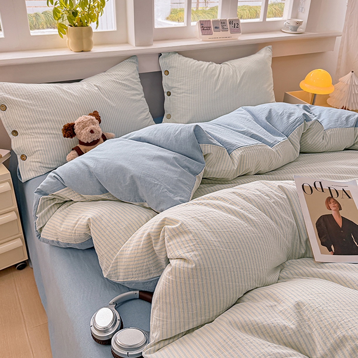 91家纺网 家纺一手货源 找家纺 梦依依 2026新款A类全棉色织水洗棉纯棉格子钮扣款四件套学生宿舍三件套 玛丽